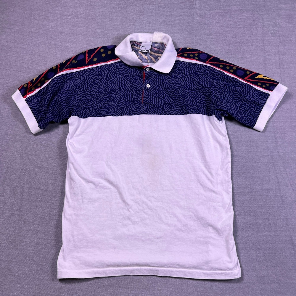 HEAD Vintage Abstract Graphic Polo Shirt Mens Medium White Blue